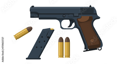 Pistol and ammunition set in modern flat design