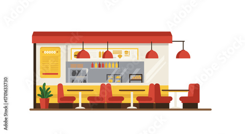 Modern fast food restaurant interior with red seating and bright decor