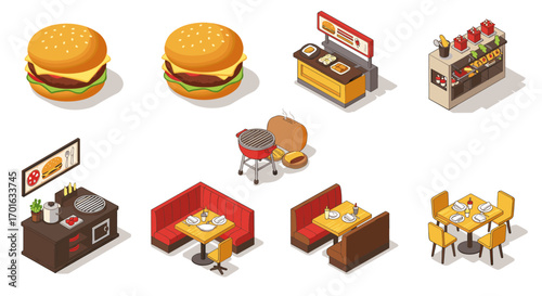 Isometric fast food elements: burgers, kitchen, grill, and dining set in modern design