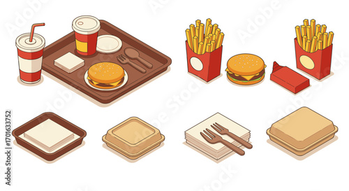Isometric fast food set with burgers, fries, and drinks on trays