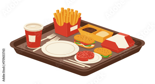 Isometric fast food meal on tray with burgers, fries, and drinks in flat design