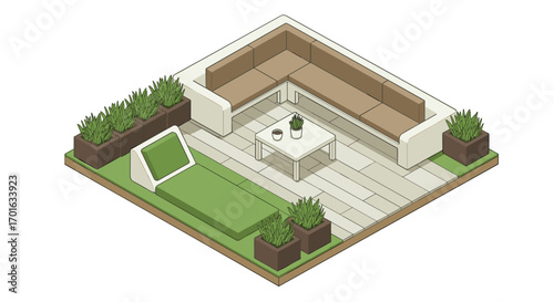 Modern outdoor patio design with green lounge chair and corner sofa in isometric style