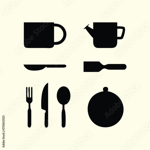 Collection of black silhouettes of kitchenware and utensils design