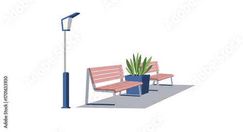 Modern outdoor benches with street light and potted plant in urban setting