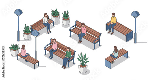 Isometric park scene with people on benches and plants in a relaxing urban setting