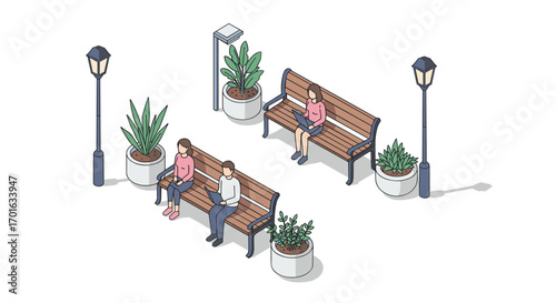 Isometric park scene with people relaxing on benches and reading