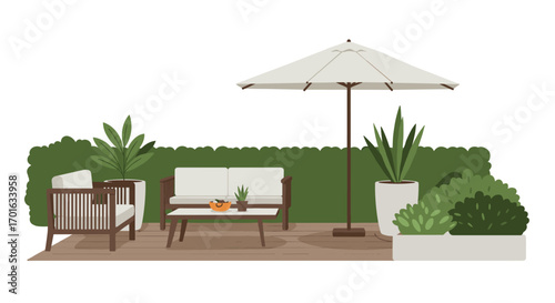 Modern outdoor patio with furniture and greenery in a flat design