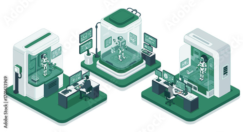 Isometric futuristic robotics lab with scientists and robots in high-tech environment