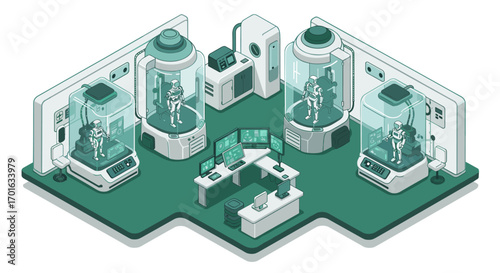 Futuristic isometric cyber laboratory with humanoid robots in pods