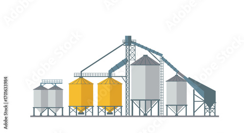 Industrial grain silos with conveyor system in flat design