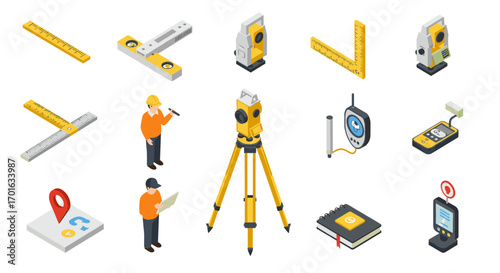 Isometric surveying tools and instruments collection for construction projects