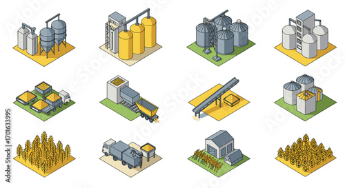 Isometric farming icons set featuring silos, machinery, and agricultural scenes