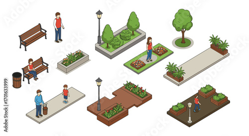 Isometric urban park scene with people, benches, trees, and pathways