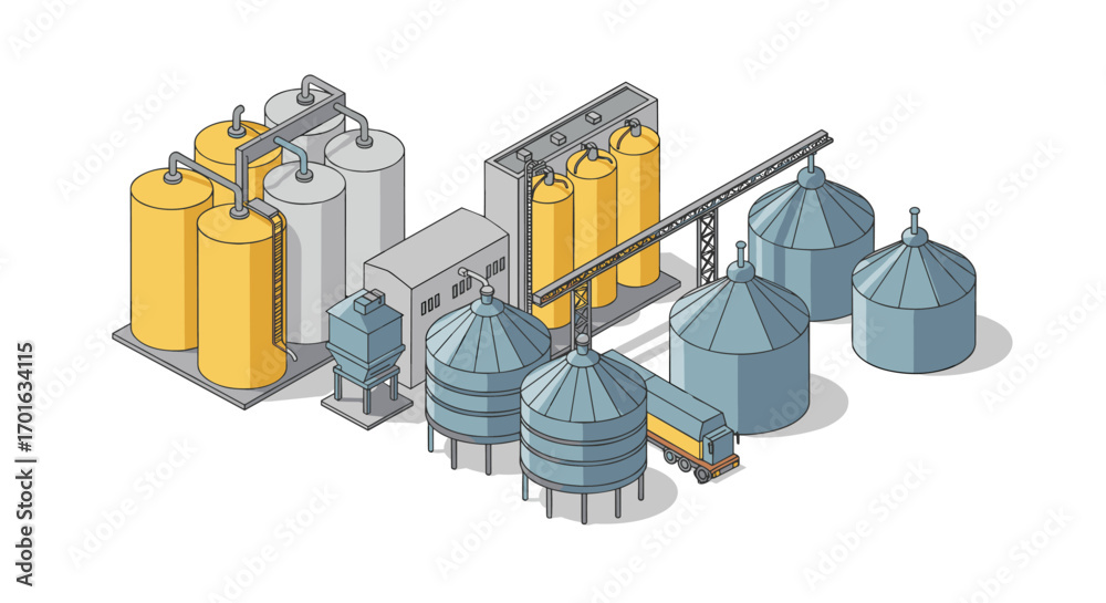 Fototapeta premium Isometric industrial facility with silos and tanks for product storage