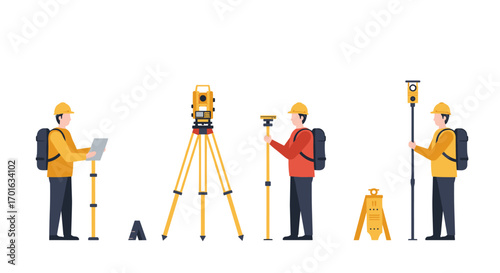 Surveying equipment and workers in flat design with tripods and measurement tools
