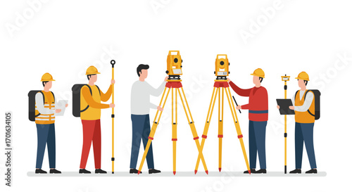 Surveyors using equipment for land measurement in flat design