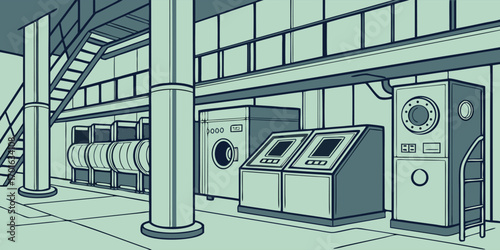 Industrial Laundry Room Equipment and Facility Interior Scene