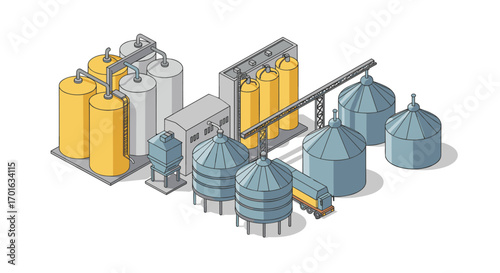 Isometric industrial facility with silos and tanks for product storage