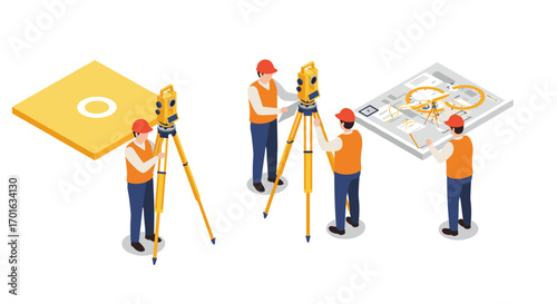 Surveyors utilizing equipment on construction site with blueprint in isometric design