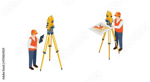 Isometric surveyor scene with total station and construction site map