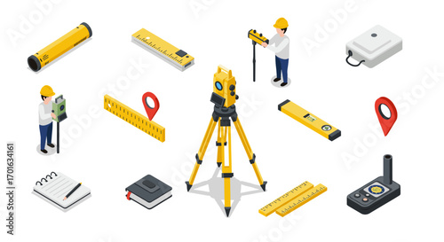 Surveyor tools and equipment isometric set: precision in engineering and measurement