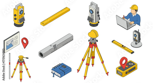 Surveying equipment collection: isometric tools, gps markers, and workers in construction design