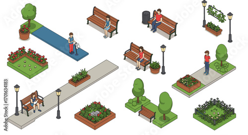 Isometric park design with benches and walking paths in green urban spaces