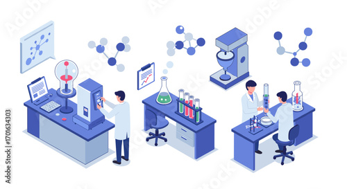 Isometric laboratory scene with scientists conducting experiments in modern research lab