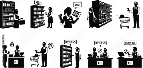 Supermarket staff scanning products with barcode readers, retail shelves, shopping carts, customer service counters, and returns desk in retail store.