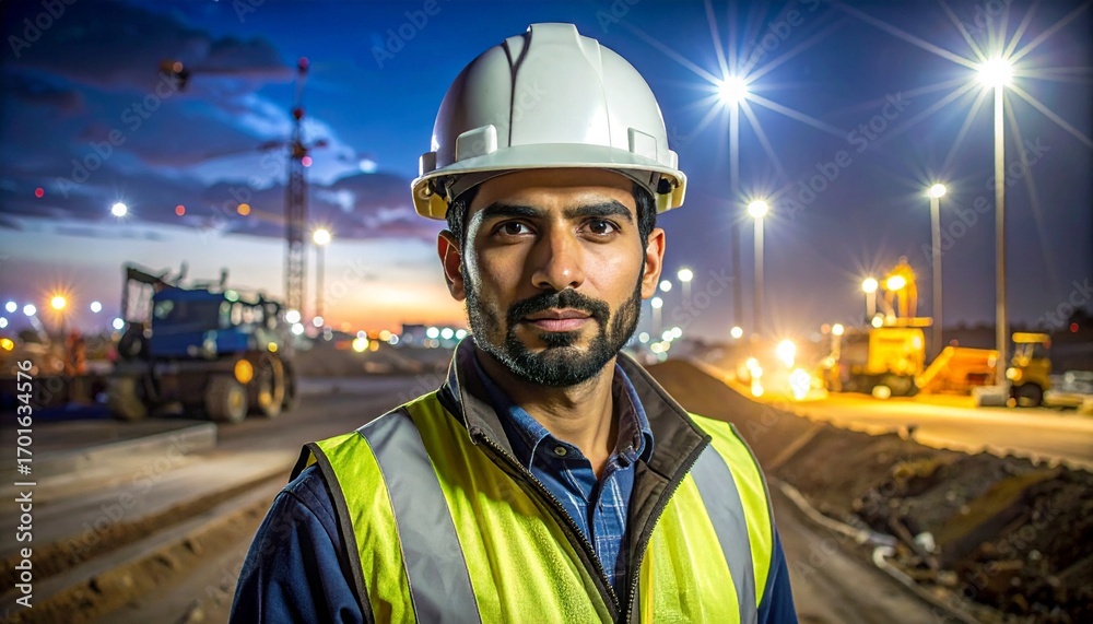 Fototapeta premium Wide-angle nighttime photo of male engineer under floodlights, sharp eyes glowing with beam reflections, dramatic construction site activity in background