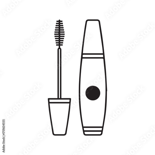 Mascara tube and wand icon in outline style. Cosmetic product for eyelashes, beauty makeup tool. Simple black and white vector illustration.
