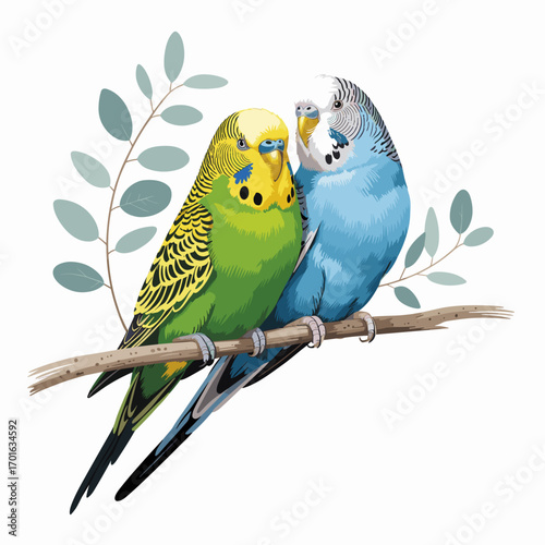 Two Cute Budgerigars Sitting Together on Branch