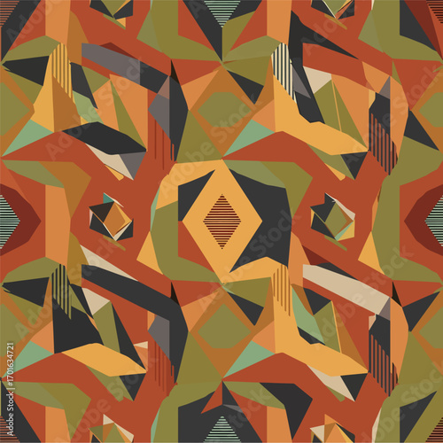 Abstract geometric pattern with triangles and lines in earth tone colors design, seamless pattern, Stock royalty.