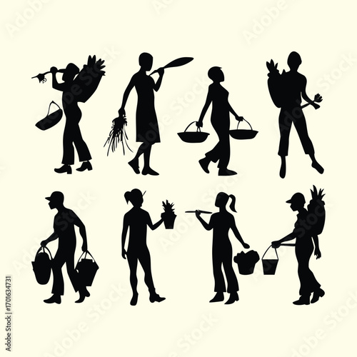 Silhouette icons of people carrying baskets and produce in a farming context, representing agriculture, harvest, rural lifestyle, cultivation, and labor