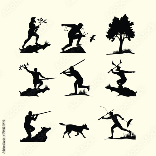 Silhouettes of ancient hunters and animals in action poses, depicting prehistoric hunting scenes, wildlife interaction, tribal culture, and primitive life.