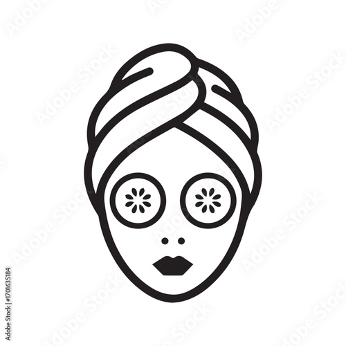 Woman in towel wrap with eye patches, beauty and spa treatment line art icon. Skincare routine vector.
