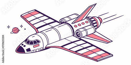 A Stylized Space Shuttle Gliding Through the Cosmos with a Small Planet Nearby