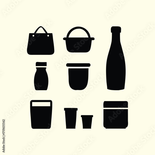Silhouette icons of various containers and bags on a cream background, including boxes, jars, bottles, pouches, storage, and packaging