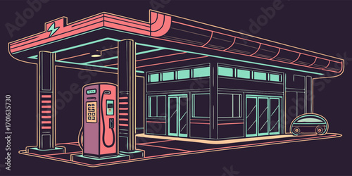 Retro Gas Station at Night with Neon Lights and Vintage Car