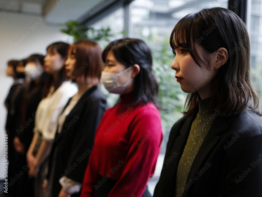 Obraz premium Japanese asian women standing in line waiting for interview or meeting in office setting