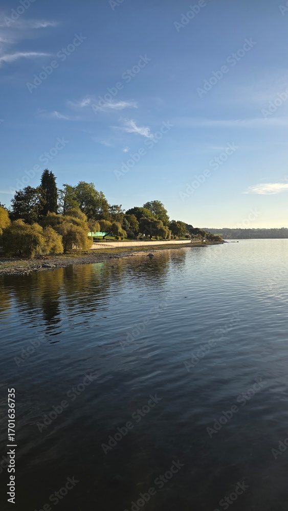 Obraz premium Bright view of Lago Ranco on a sunny day with blue skies, sparkling waters, and surrounding mountains, showcasing the natural beauty of southern Chile.