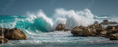 Powerful ocean waves crashing against rocks