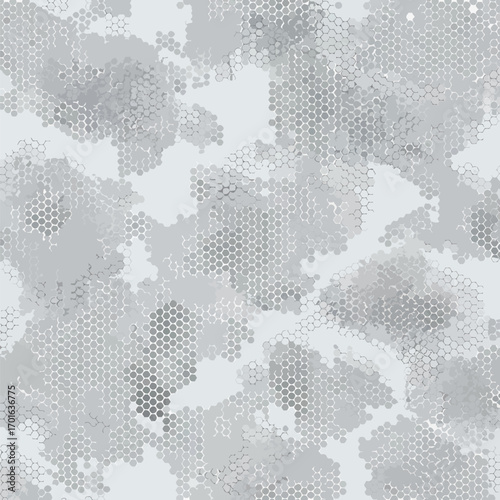 Abstract camouflage pattern with a modern hexagonal grid in shades of gray, patern seamless, Stock royalty image.