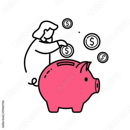 Minimal vector illustration of a person putting a coin into a pink piggy bank with floating dollar coins, flat 2D design on a white background, conveying finance and investment concepts.