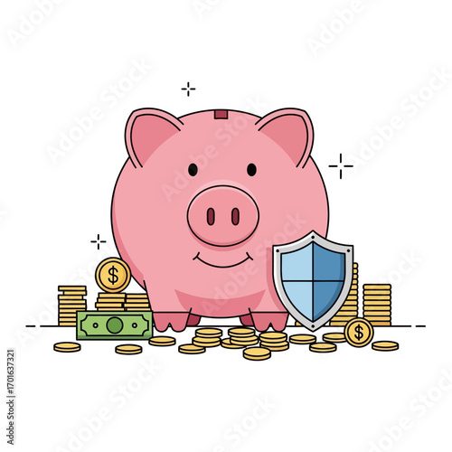 A cheerful pink piggy bank with a shield, surrounded by coins and money, conveying a sense of finance and investment protection in a flat 2D design with a bright and secure mood.