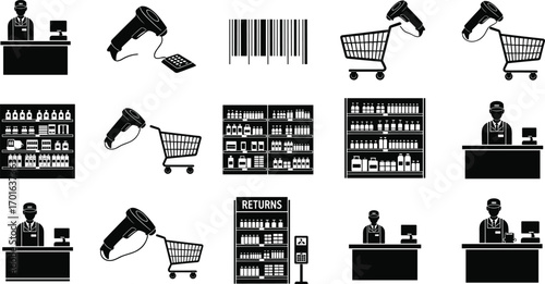 Supermarket checkout and barcode scanning vector icons with shopping carts, cashier counters, retail shelves, return desk, and store customer service.