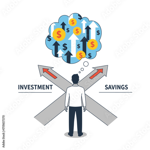 A man stands at a crossroads between investment and savings, thinking about finance and upward investment growth with dollar signs and arrows in a flat 2D illustration.