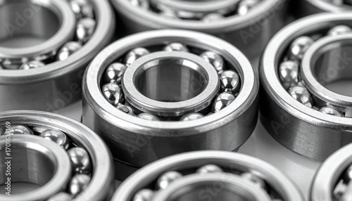 Macro thrust bearing washer set stacked slightly offset satin steel finish clean technical background with copy space for catalog template and engineering layout