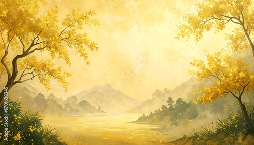 Golden Autumn Landscape with River