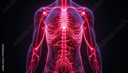 High-resolution anatomical illustration of the human circulatory and nervous systems, highlighting the complex network of vessels and nerves in the upper torso.